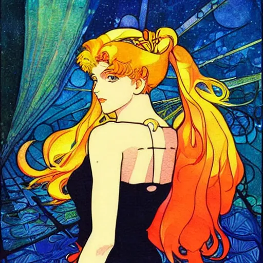 Prompt: the sailor moon. beautiful, realistic painting by mucha and kuvshinov and bilibin and malevich. synthwave watercolor, thick lining, manga, soviet realism