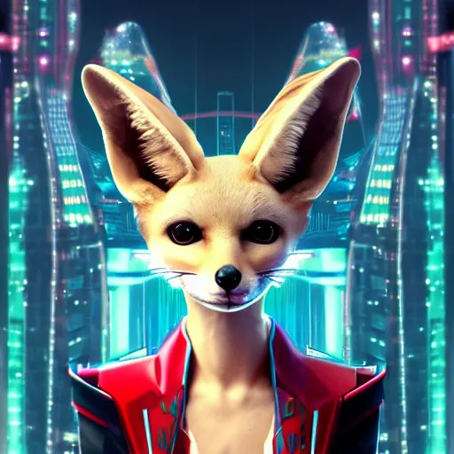 Prompt: portrait futuristic fennec fox animal, wearing a santa hat on their head, in future cyberpunk tokyo rooftop , sci-fi, fantasy, intricate, very very beautiful, elegant, human anatomy, neon light, highly detailed, digital painting, artstation, concept art, smooth, sharp focus, illustration, art by tian zi and WLOP and alphonse mucha