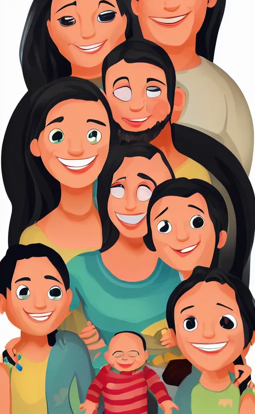 Image similar to a front view family portrait of a smiling hispanic pregnant lady illustration, trending on artstation