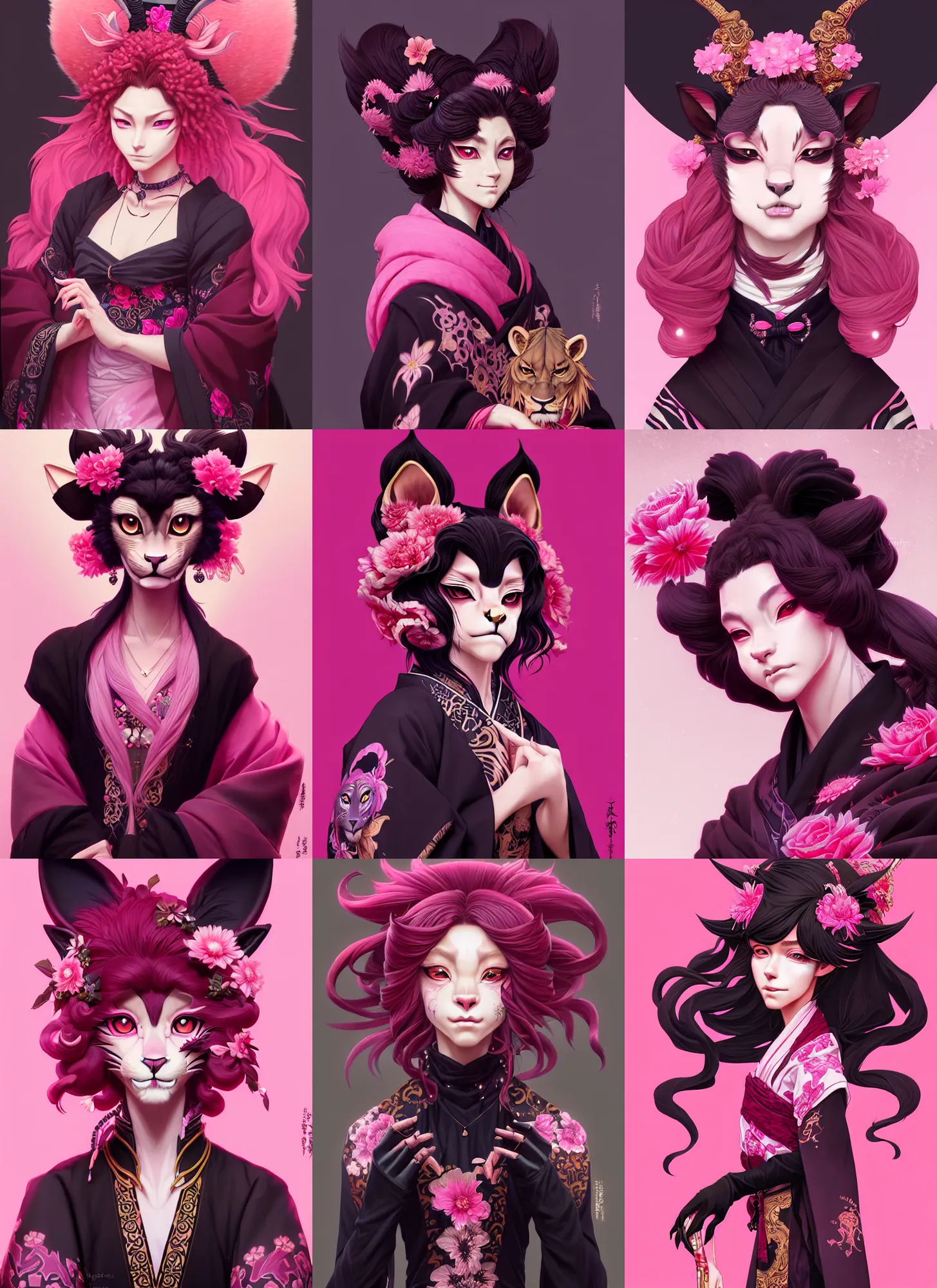Prompt: beautiful portrait of a female anthropomorphic lioness fursona dressed in a ornate black and pink shinigami kimono. character design by disney, charlie bowater, ross tran, artgerm, and makoto shinkai, detailed, soft lighting, rendered in octane