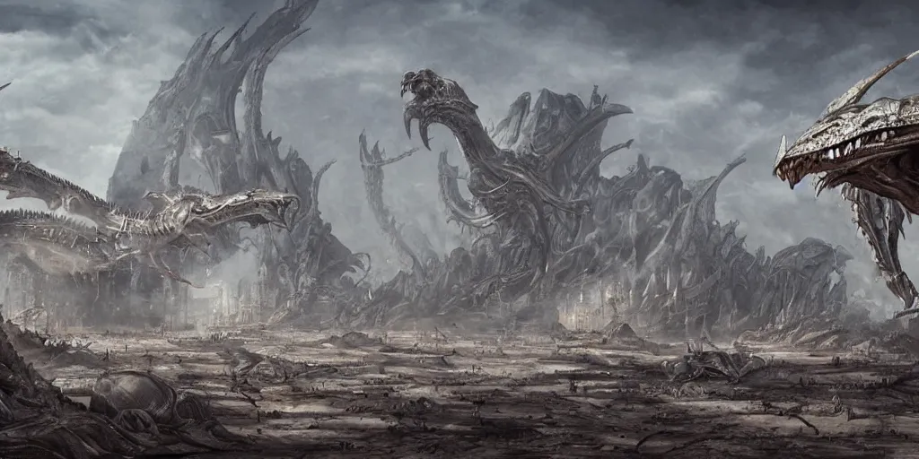 Image similar to one giger wyvern attacking desert city, in style of federico pelat and greg rutkowski