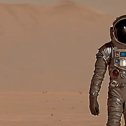 Image similar to a movie still of a spaceman in a futuristic black space suit on a desert planet