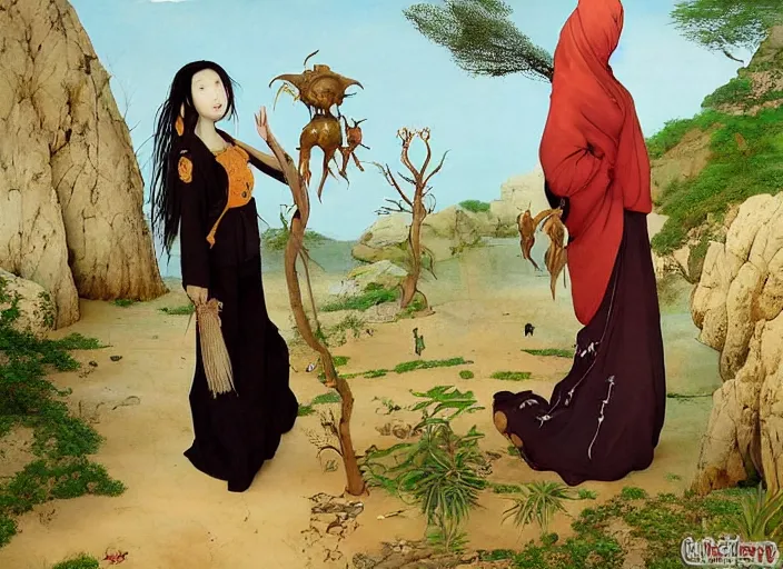 Image similar to beautiful oriental girl walks around Socotra among endemic plants, flowers and snags in a long transparent flowing dress and meets mystical animals, mystical insects, mystical birds, lizards, snakes, gorgeous, Atmosphere, hypnotic dimensions, mythology, Rococo, in the style of Jin Kagetsu, James Jean and wlop, Hieronymus Bosch style, Zdzislaw Beksinski style, sharp focus, intricate concept art, ambient lighting, 4k, hdt, artstation trending on Gsociety, trending on ArtstationHQ, hyper quality, 16K