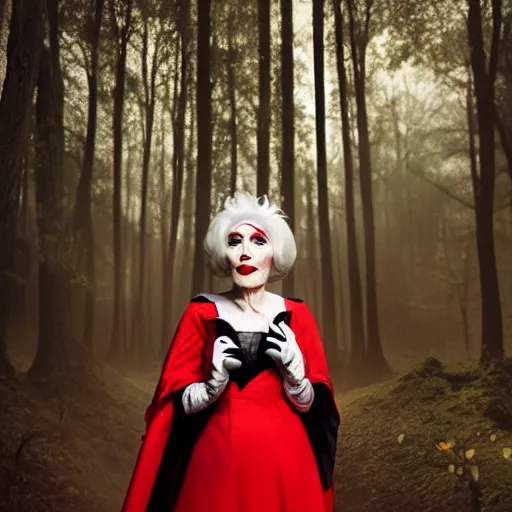 Image similar to disney cruella devilla in the woods, 8 k, professional photography, cinematic shot, dark, smoke, mist