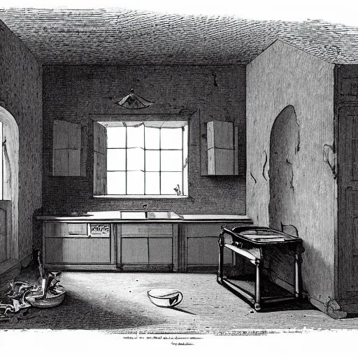 Image similar to kitchen of an abandonded house, illustration by Gustav Doré