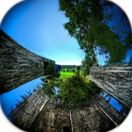 Prompt: hunted medieval town on the edge of dark forest, werewolf attack on villagers, hd, above view, fisheye lense