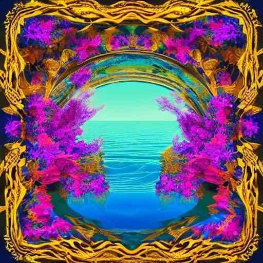 Image similar to a vintage album cover of a trippy lake surrounded by abstract flowers, an arch emerging from the water made of golden fabric, photo - realistic, hyper - real, beautiful lighting