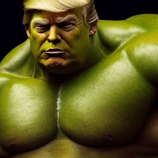 Prompt: Donald Trump with The Incredible Hulks body, realistic artstyle, wide shot, dramatic lighting, octane render, hyperrealistic, high quality, highly detailed, HD, beautiful, cinematic, 8k, unreal engine, facial accuracy, symmetrical
