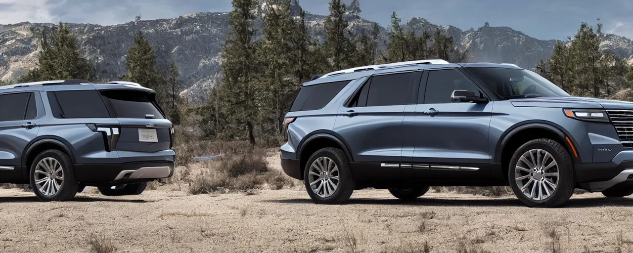 Prompt: A photo of an SUV inspired by a 2022 Ford Explorer and 2022 Chevrolet Tahoe, backed up in a driveway