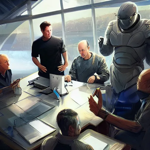 Prompt: elon musk, mark zuckerberg, jeff bezos, in meeting together, very detailed, art contest winner on behance, trendy on deviant art, by artgem, stanley lau, craig mullins