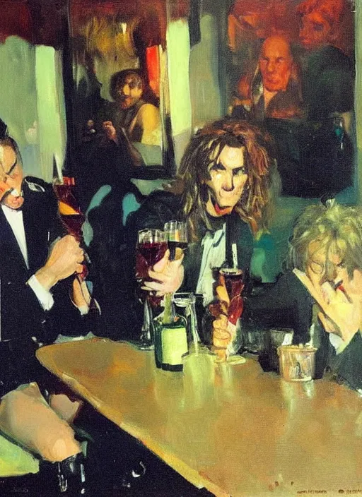 Image similar to glam rocker drinking brutal and raw wine with his friends, inside a green room with red lights by joaquin sorolla, phil hale