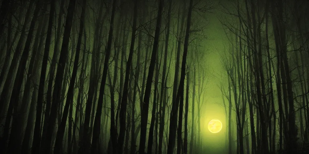 Image similar to night, road between tall trees, dense forest, dark night, moon, in style of disney cartoon