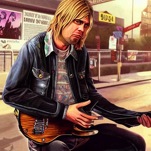 Prompt: Kurt Cobain as a gta5 character, video game art, cover art, grand theft auto