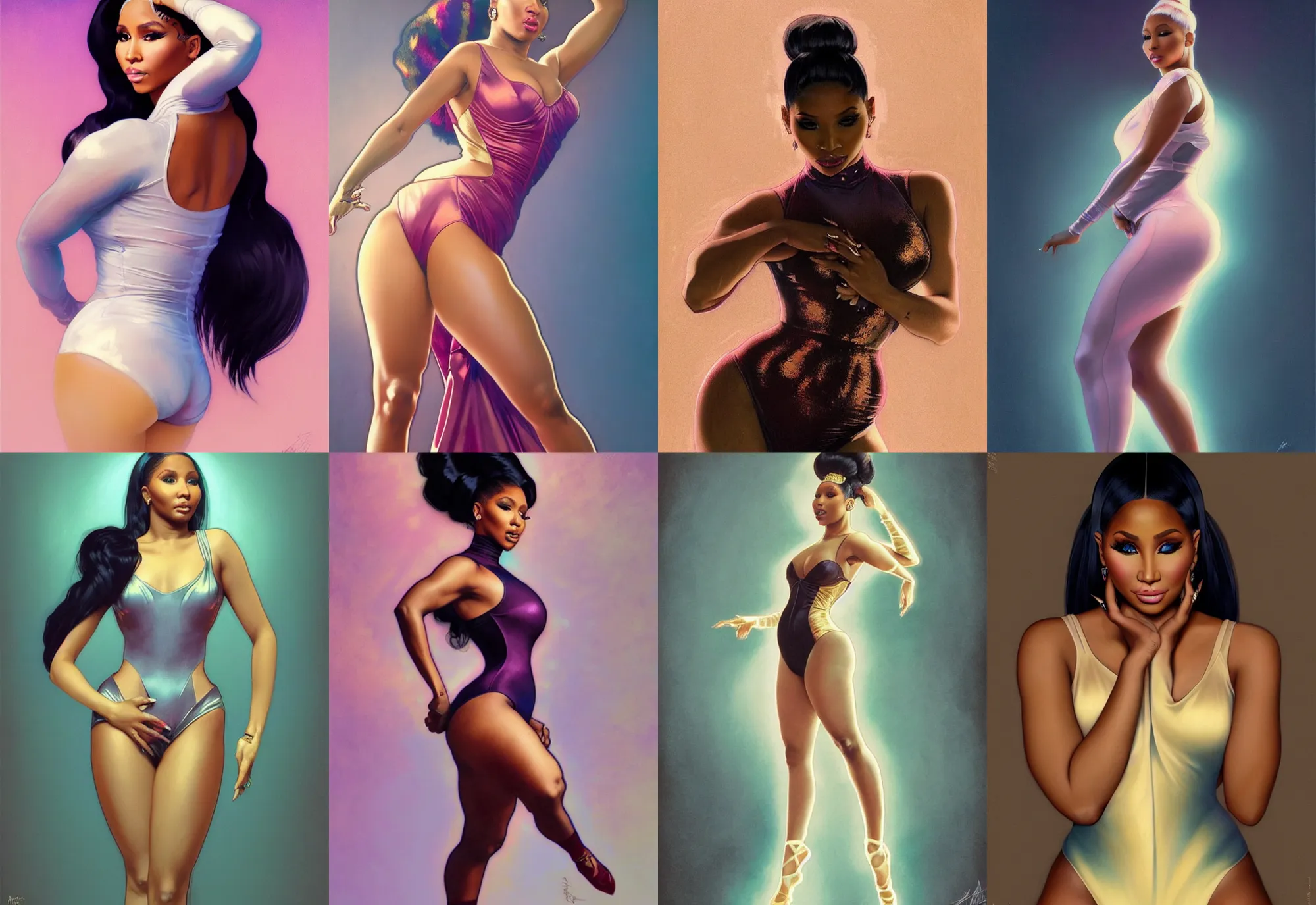 Prompt: full body portrait of nicki minaj in elegant leotard portrait by artgerm and greg rutkowski and alphonse mucha, trending on artstation, cinematic light, pastel colors, volumetric shading, high radiosity dull skin, global illumination, radiant light, soft light, soft color dodge, subsurface scattering