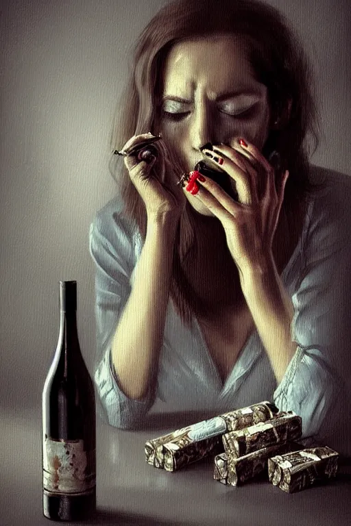 Image similar to dirty faced and very tired womanlooking pile smoking a winebottle, drugs, cigarrette boxes at the table, fantasy, intricate, elegant, highly detailed, digital painting, artstation, concept art, addiction, chains, smooth, sharp focus, illustration, art by Ilja Repin