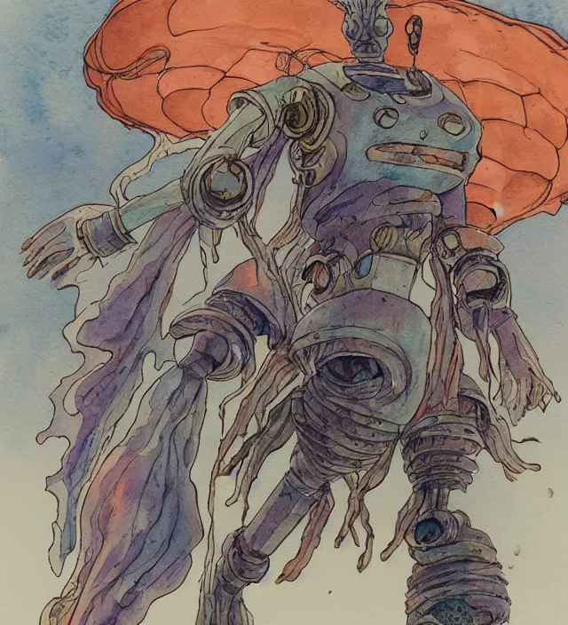 Image similar to a 3 / 4 view watercolor ink painting of a robot shaman / wizard casting a spell in the style of jean giraud in the style of moebius trending on artstation deviantart pinterest detailed realistic hd 8 k high resolution