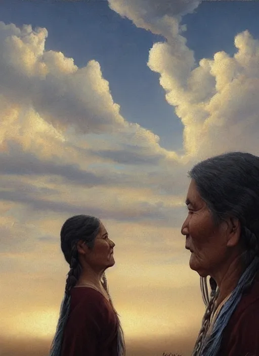 Image similar to faces of old indigenous people made of clouds in the sky, art by christophe vacher