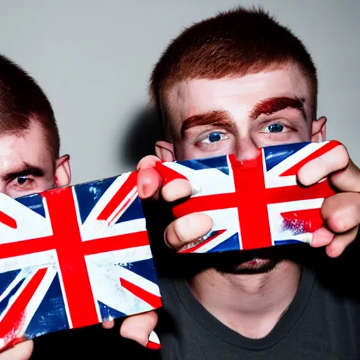 Image similar to mid-shot portrait photograph of two male British chav youths holding box cutter knives, with white powder on their faces, wearing the Union Jack, high quality