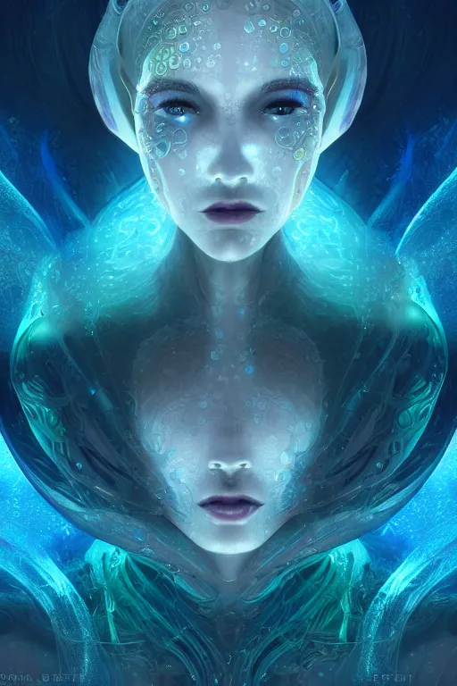 Image similar to a render of an ancient futuristic ethereal pixie with digital modifications surrounded by a underwater ink pour and flowing liquid gallium and complex sacred geometry, powerful, cinematic, beautifully lit, perfect face, by beeple, by artgerm, by karol bak, by brian froud, 3 d, trending on cgsociety, octane render, 8 k