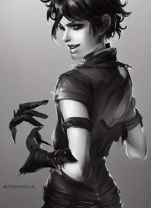 Image similar to a highly detailed illustration of beautiful short black messy haired woman wearing eyepatch!!! and noir style suit and tie, dramatic smiling pose, intricate, elegant, highly detailed, centered, digital painting, artstation, concept art, smooth, sharp focus, league of legends concept art, WLOP