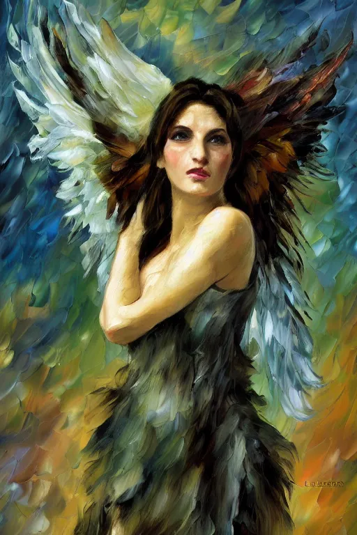 Image similar to palette knife oil painting portrait of a harpy angel girl, feathered long hair, talons, claws, horns, bones,, extreme detail, style by leonid afremov and degas, artstation trending, artgerm, deviant art, octane, substance, art history 8 k, green brown and grey earth tones palette