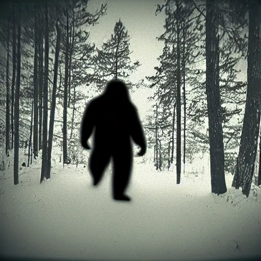 Prompt: bigfoot caught on a night vision trail cam