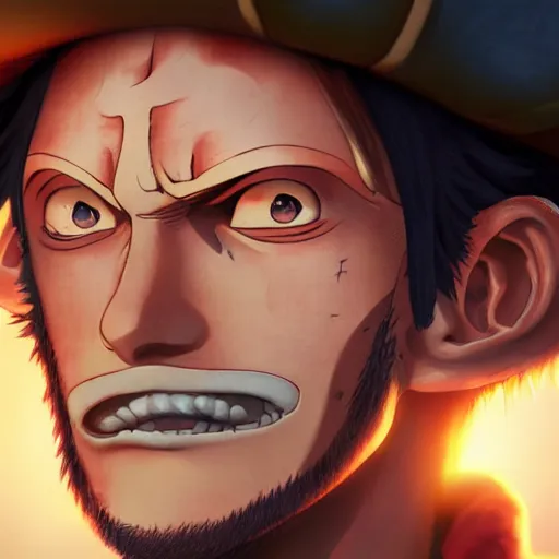 Prompt: closeup portrait of strawhat luffy, dramatic lighting, pirate background, artstation, high detail, by greg rutkowski