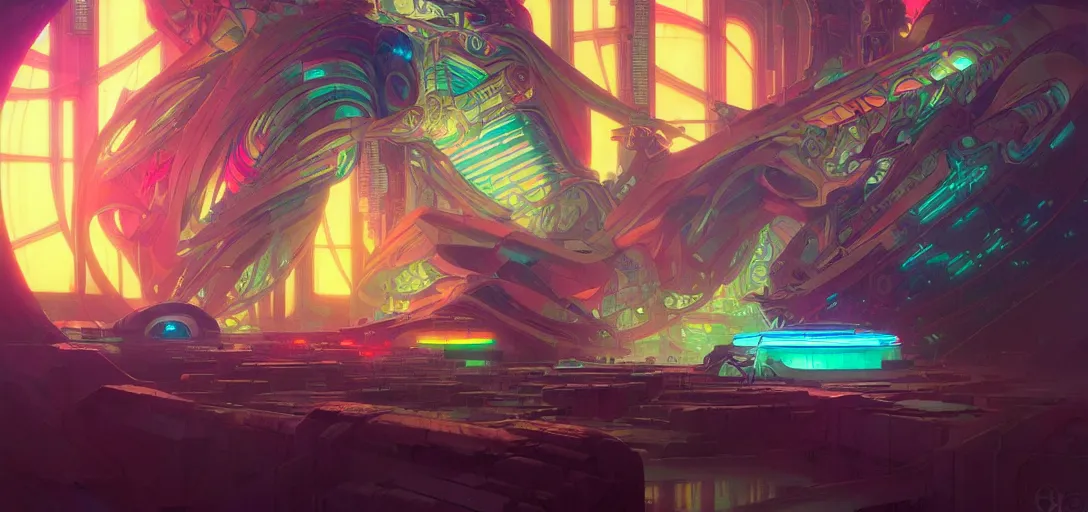 Image similar to a cybernetic temple, vaporwave aesthetic, colorful, psychedelic, digital painting, artstation, concept art, smooth, sharp focus, illustration, art by artgerm and greg rutkowski and alphonse mucha