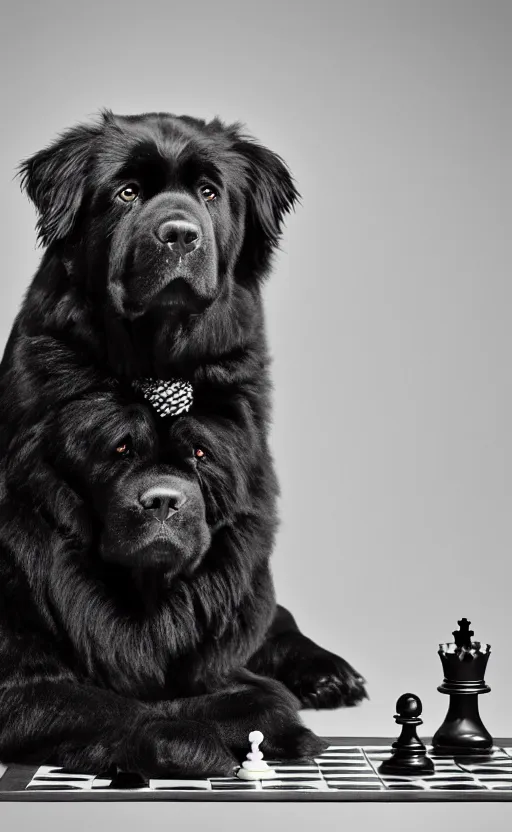 Prompt: An award winning photograph of a black newfoundland dog, looking intelligent, playing chess, studio lighting, medium shot, Sigma 85mm, 8k