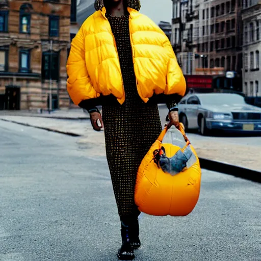 Image similar to realistic photoshooting for a new balenciaga!!! lookbook, color film photography, photo of a woman, model wears a inflated jacket, photo in style of tyler mitchell, 3 5 mm