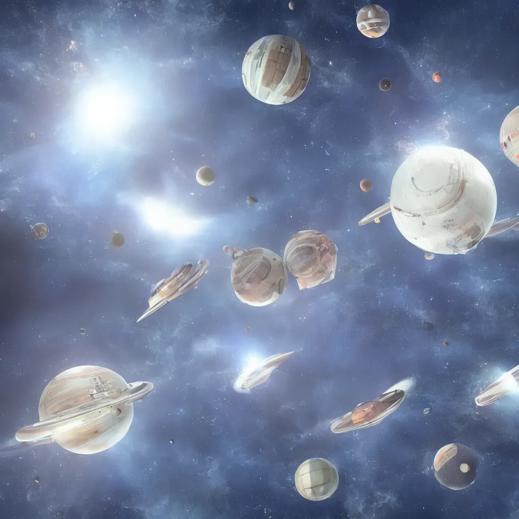 Prompt: cylindrical spaceships in formation above 2 giant balls in space