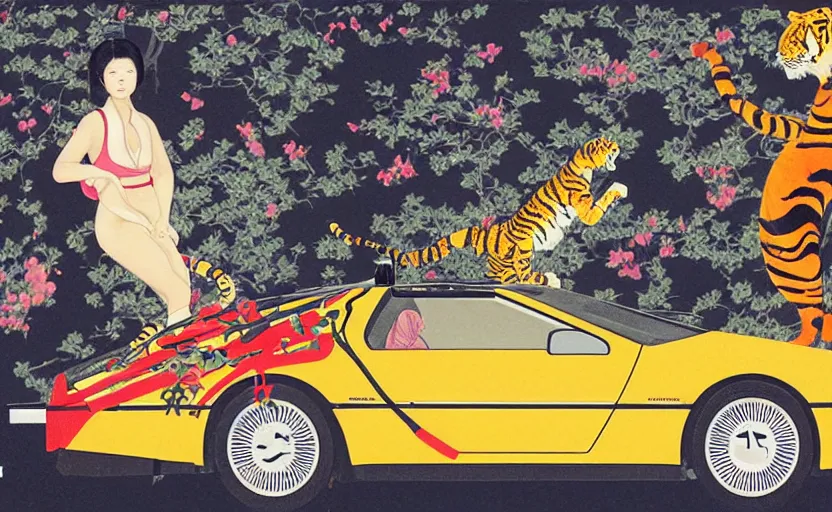 Image similar to a red delorean and a yellow tiger, painting by hsiao - ron cheng & utagawa kunisada, magazine collage style,