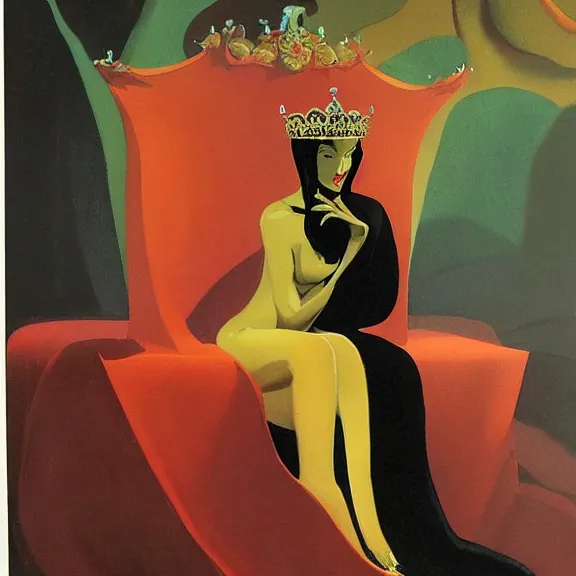 Prompt: an oil painting of a queen in a black funeral dress sitting on a throne, by bruce pennington, by eyvind earle, nicholas roerich, by frank frazetta, by georgia o keeffe