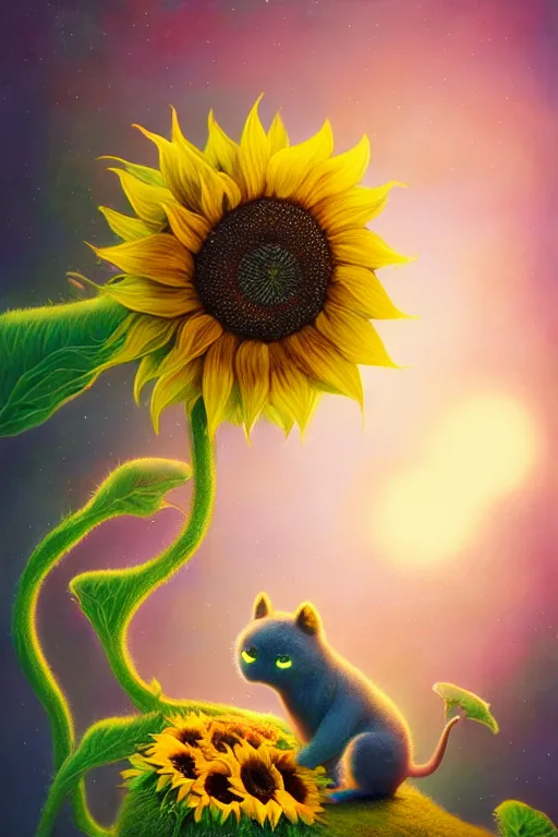 Image similar to a surreal Bioluminescent, very very very cute sunflower in a happy world by Daniel Merriam, Trending on Artstation, oil on Canvas by Elena Zhurikhina and Goro Fujita and Charlie Bowater, octane render, 4k, 8k, HD