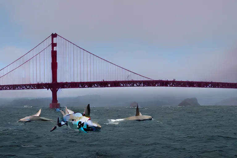 Prompt: golden gate bridge with sharks in water,