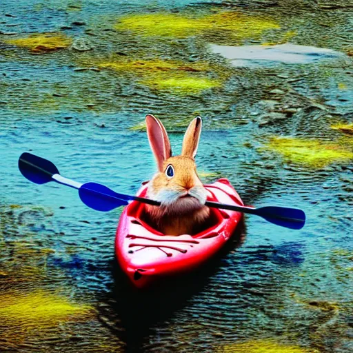 Prompt: a rabbit kayaking on a small river, photorealism 4k