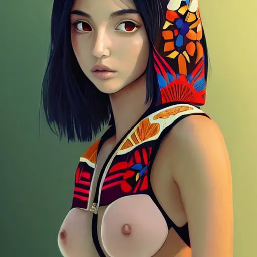 Image similar to a beautiful young japanese natalie portman alluring gravure model, stylized concept art, wearing elegant designer bomber jacket and one piece bikini, bomber jacket with mesoamerican patterns, mesoamerican native street fashion, princess mononoke, painted by ilya kuvshinov aesthetic, gorgeous, stunning, alluring, attractive, artstation, pinterest, digital art