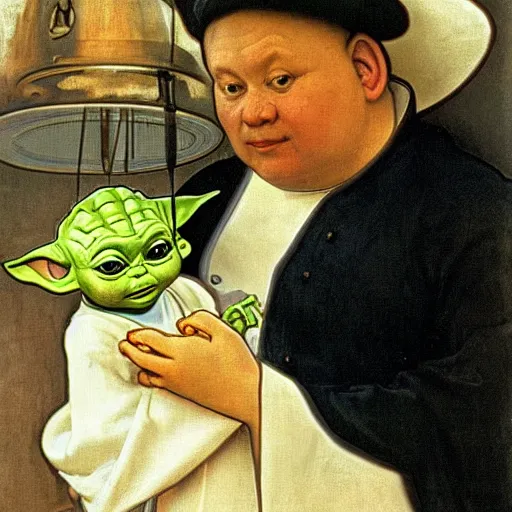 Image similar to baby yoda as a chef wearing a white apron and wearing a white chef's hat, by Jan van Eyck, by alphonse mucha