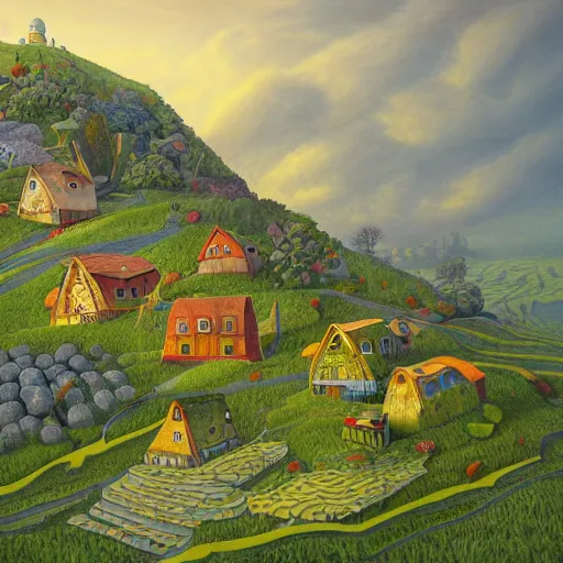 Image similar to a painting of a house on a hill, a detailed matte painting by Jacek Yerka, cg society contest winner, naive art, storybook illustration, 2d game art, matte background