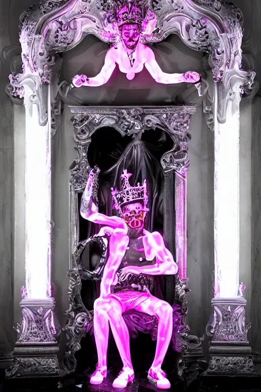 Image similar to full-body rococo and cyberpunk style neon statue of a young attractive Antonio wearing cholo shades macho dotado e rico android sim roupa reclining con las piernas abertas e la piroca dura, ethereal white dripping tar, glowing white lasers, pink tigers, glowing eyes, silver prince crown, black gears, pink diamonds, swirling mint-colored silk fabric. futuristic elements. full-length view. human skulls. large intricate artwork by caravaggio. Trending on artstation, octane render, cinematic lighting from the right, hyper realism, octane render, 8k, depth of field, 3D