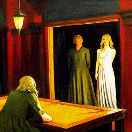 Image similar to the fellowship of the ring movie poster painted by edward hopper