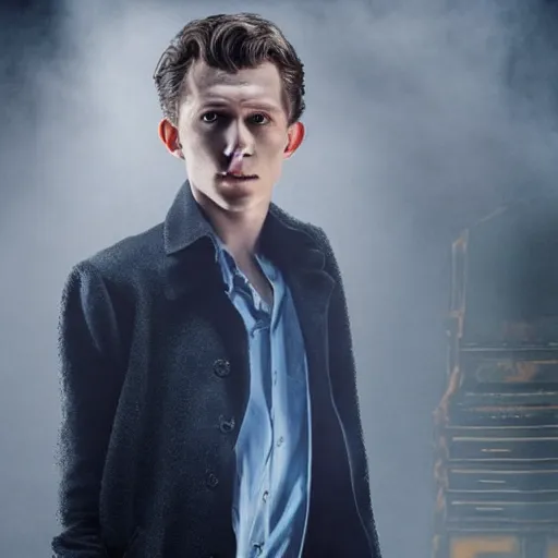 Image similar to tom holland as a rough dirty old man with a scruffy beard in a dark blue trenchcoat as the new doctor who, cinematic, volumetric lighting, f 8 aperture, cinematic eastman 5 3 8 4 film, photorealistic