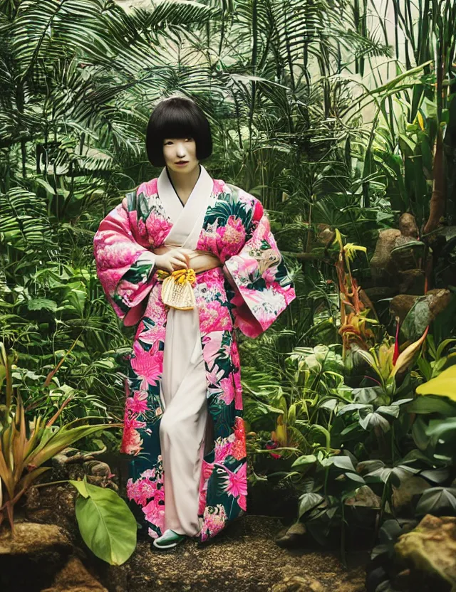 Image similar to photograph of a beautiful Japanese woman wearing a pretty kimono in a tropical greenhouse, by Annie Leibowitz, by Alessio Albi, extremely detailed, large format camera, Fuji Provia film, bokeh, blurred background, photorealistic, trending on instagram