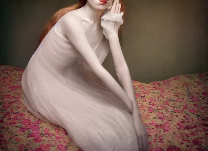 Image similar to portrait photography of a woman Degas beauty type, in style of Cecil Beaton, brigitte bardot style 3/4 , natural color skin like porcellain pointed in rose, long hair with ornamental hairstyle, full body dressed with a ethereal transparent voile dress, elegrant, 8K post production, soft focus, melanchonic rose soft light, volumetric lighting, highly detailed Realistic, Refined, Highly Detailed, natural point rose', indoor soft lighting, soft delicate lighting colors scheme, soft blur lighting, fine art fashion photography