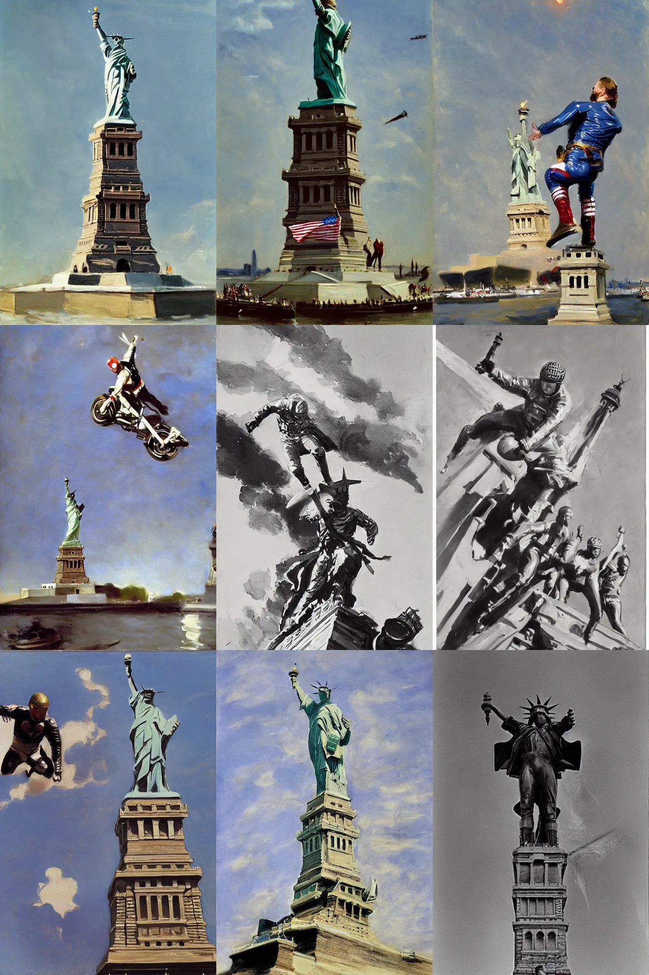 Prompt: evel knievel jumping the statue of liberty by john singer sargent