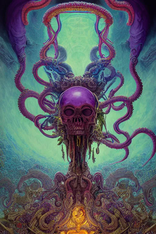 Image similar to gigantic psychedelic demonic cosmic skull, alien tentacles, fantasy painting, mandala, ultra realistic, wide angle, art nouveau, intricate details, ink illustration, rainbowshift, vivid colors, highly detailed by peter mohrbacher, h. r. giger, maxfield parrish, gustave dore, craig mullins, octane render, cgi