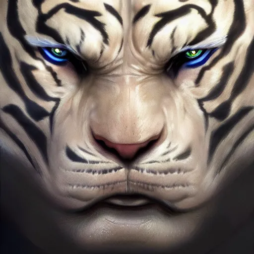 Image similar to a esthetic portrait commission of a muscular antrho albino tiger wearing the superman outfit,hyperdetailed face,character design by charlie bowater,ross tran,artgerm,makoto shibkai,photorealistic,western comic book art,film poster,deviantart,artstation