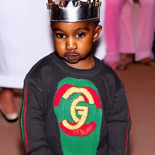 Image similar to toddler Kanye west wearing Gucci and a crown