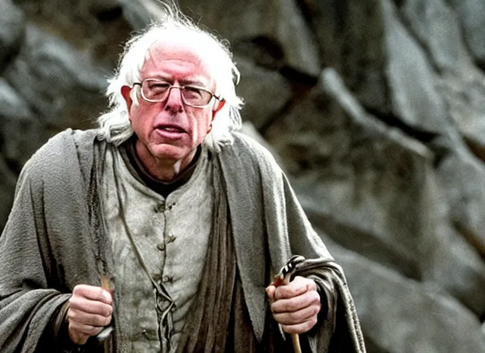 Image similar to film still of!!!!! bernie sanders!!!!! as aragorn in lord of the rings movie, 8 k