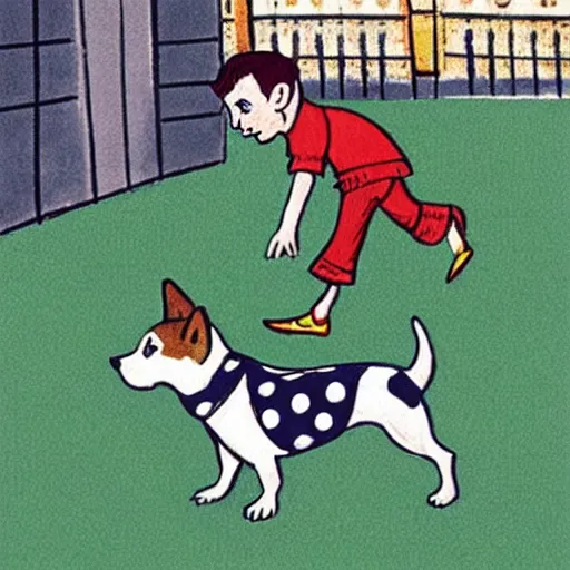 Image similar to book illustration of a french boy on the streets of paris playing football against a corgi, the dog is wearing a polka dot scarf, 1 9 6 6